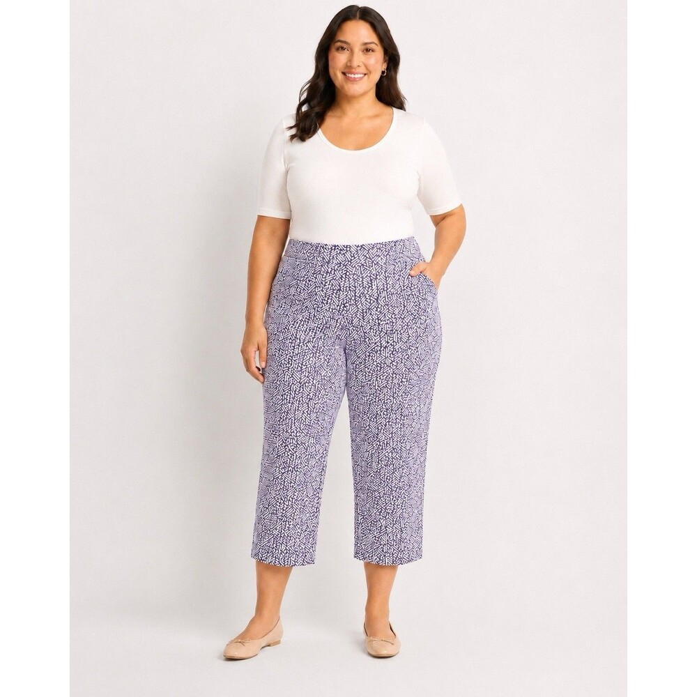 Talbots Woman Size 20W Stretch Cropped Pants Purple White Geometric Print
